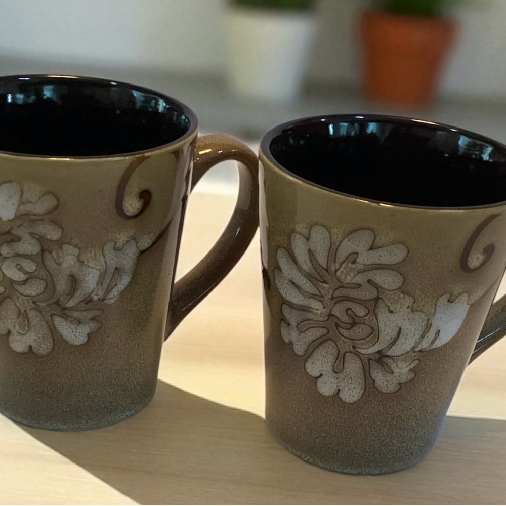 Nature’s Home Glazed Stoneware Coffee Mugs Speckled Brown Floral Set Of 2